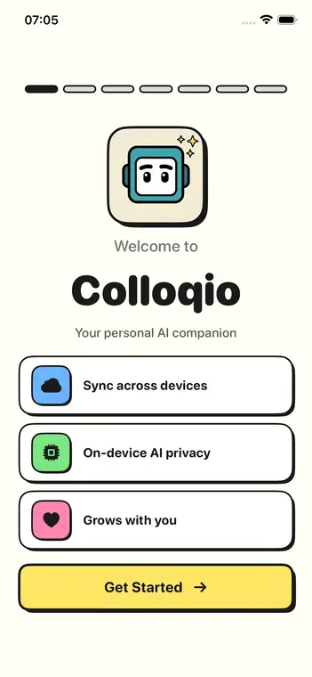 Colloqio Onboarding Screen showing the welcome message